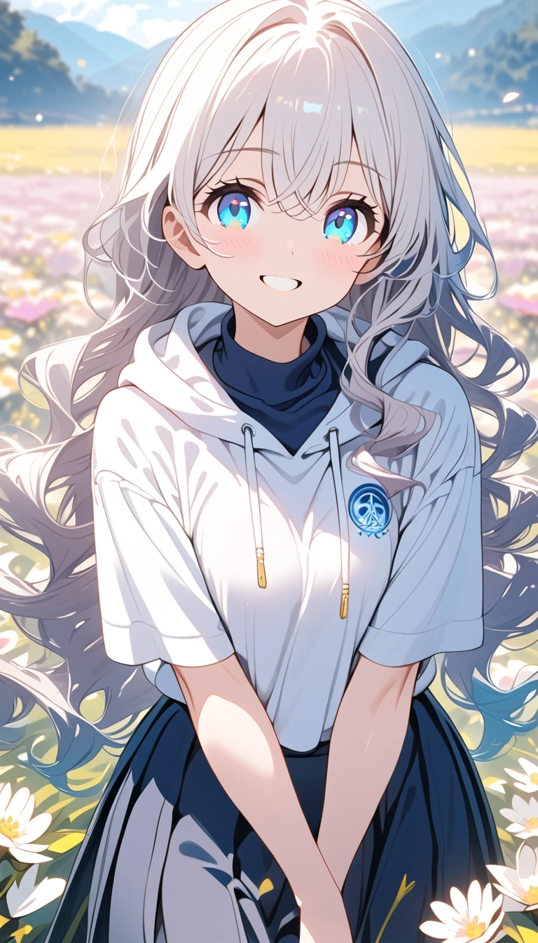 {{{masterpiece}}}, {{{ top quality}}}, {{ Ultra Details}}, { beautiful,  detail eyes},  1 girl, Alone, ((White Hair)),  long hair, pigtails, (( blue eyes)), (wavy hair ), (pattsun maegami),  , (かわいい white hoodie ), Black rabbit lopear,( cute black long skirt),smile,tooth,pattsun maegami,Midea, white hoodie ,Sapphire eyes,Flower Field
