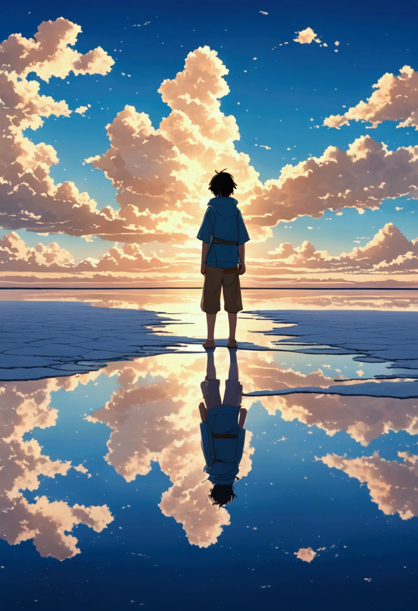  Draw simple art in the Tintinpixai style ,  a ********* in a large body of water with clouds in the sky, In the Uyuni salt flats, Incredible reflections  del cielo, Incredible reflections , Beautiful reflection, Impressive photo,  Epic and impressive ,  Crossing the Blue Horizon , anime beautiful peace scene,  anime-realistic anime-realistic !!!!!!!!!  nostalgic animated art background , Makoto Shinkai!!,  anime movie background the best of seaart hd 8k 
