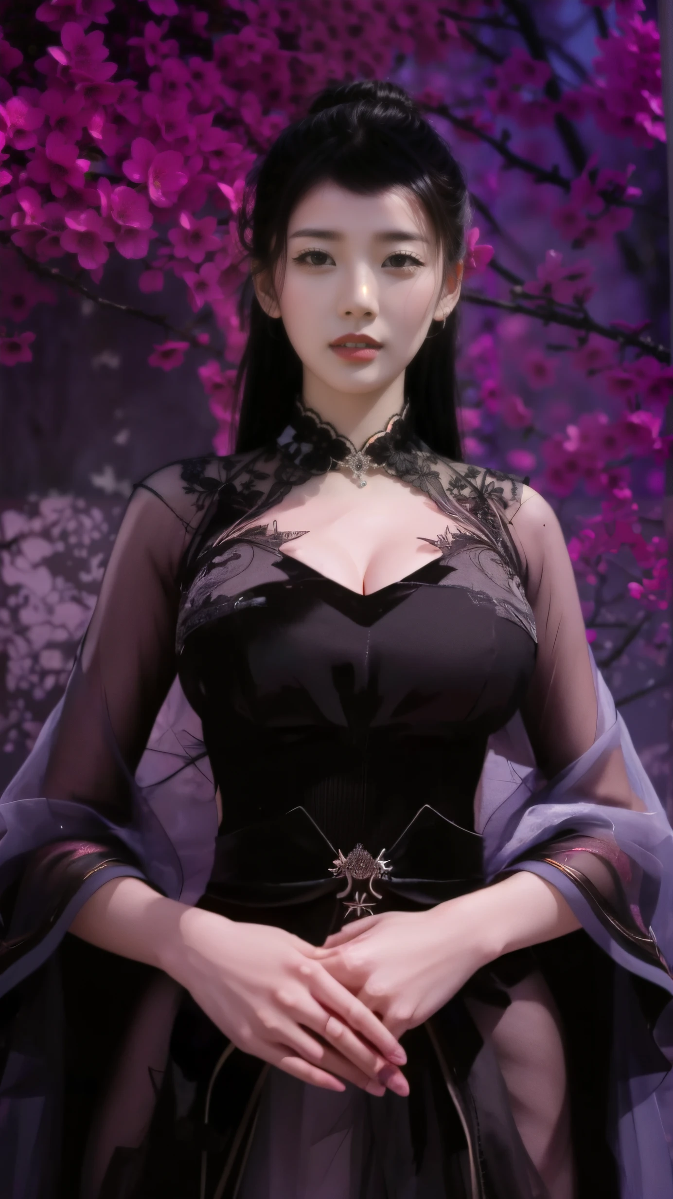 (surreal)、(enlightenment)、(High resolution)、(8K)、(非常にbe familiar with)、(best illustrations)、(beautiful and fine eyes)、(highest quality)、(超be familiar with)、(masterpiece)、(wallpaper）、（be familiar with顔）、alone、1 girl、looking at the viewer、be familiar with、be familiar with顔、On a dark night、deep shadow、discreet key、Pure erotic face ace_v1、laughter、length、black shawl straight hair、46 point diagonal bangs,　（silk dresses、length  skirt）(off shoulder）View of the castle、Plum blossom、stand against the wall