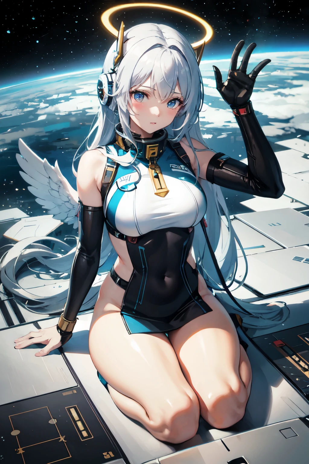 One girl、Inside the spacecraft、A girl and a beautiful sight are spreading。The walls and ceiling are covered with panels of futuristic design.、It has a fantastic glow。The interior of the ship is spacious々and々And々And々And々And、A variety of scientific instruments and consoles are located。The interior space of the spacecraft is、、、、、It features a silvery metallic texture and a curvaceous design、focus on girl