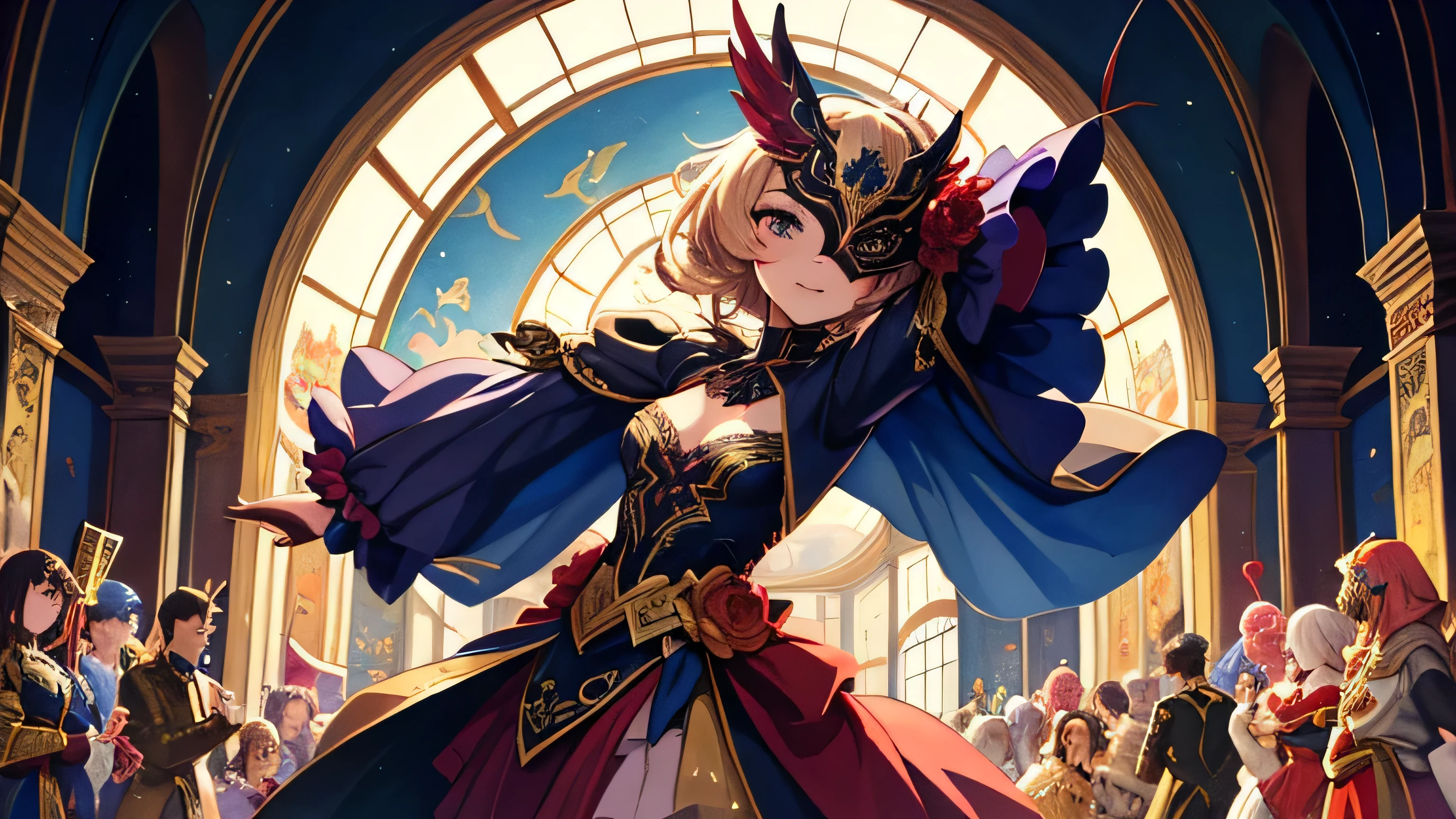 (masterpiece), ( top quality), ( super detailed ),( tousled hair),( illustrations),(anime), beautiful girl dancing happily in the middle of the center、Masquerade、Beautiful girl in the middle of a lot of people 、Masquerade like venues、Masquerade, Highly Detailed Gouache Style Painting,