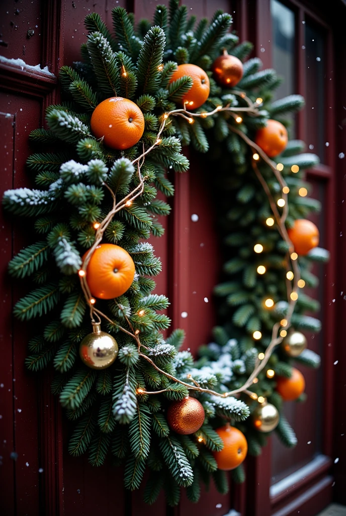 closeup Christmas wreath with lights and oranges and gold chrismass balls on red doors in snowing