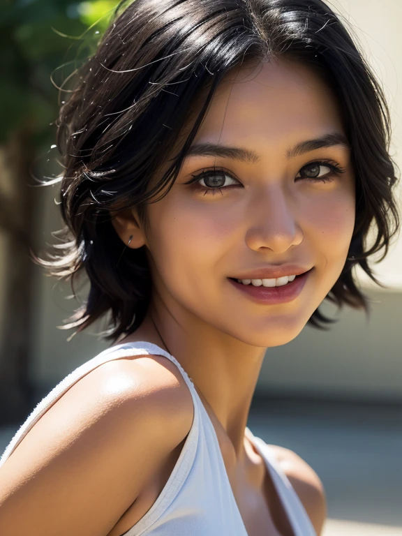 (masterpiece:1.3), (8k, Photorealistic, RAW photo, highest quality: 1.4), Japanese, (1 girl), 25 years old, beautiful face, (realistic face), (black hair, short hair:1.3), beautiful hairstyle, realistic eyes, Beautiful eyes, Beautiful eyes, (realistic skin), beautiful skin, attractive, Ultra high definition, high definition, close, portrait, golden ratio, Detail Mark, Look at the Spectator, smile, (look over shoulder), mid chest,