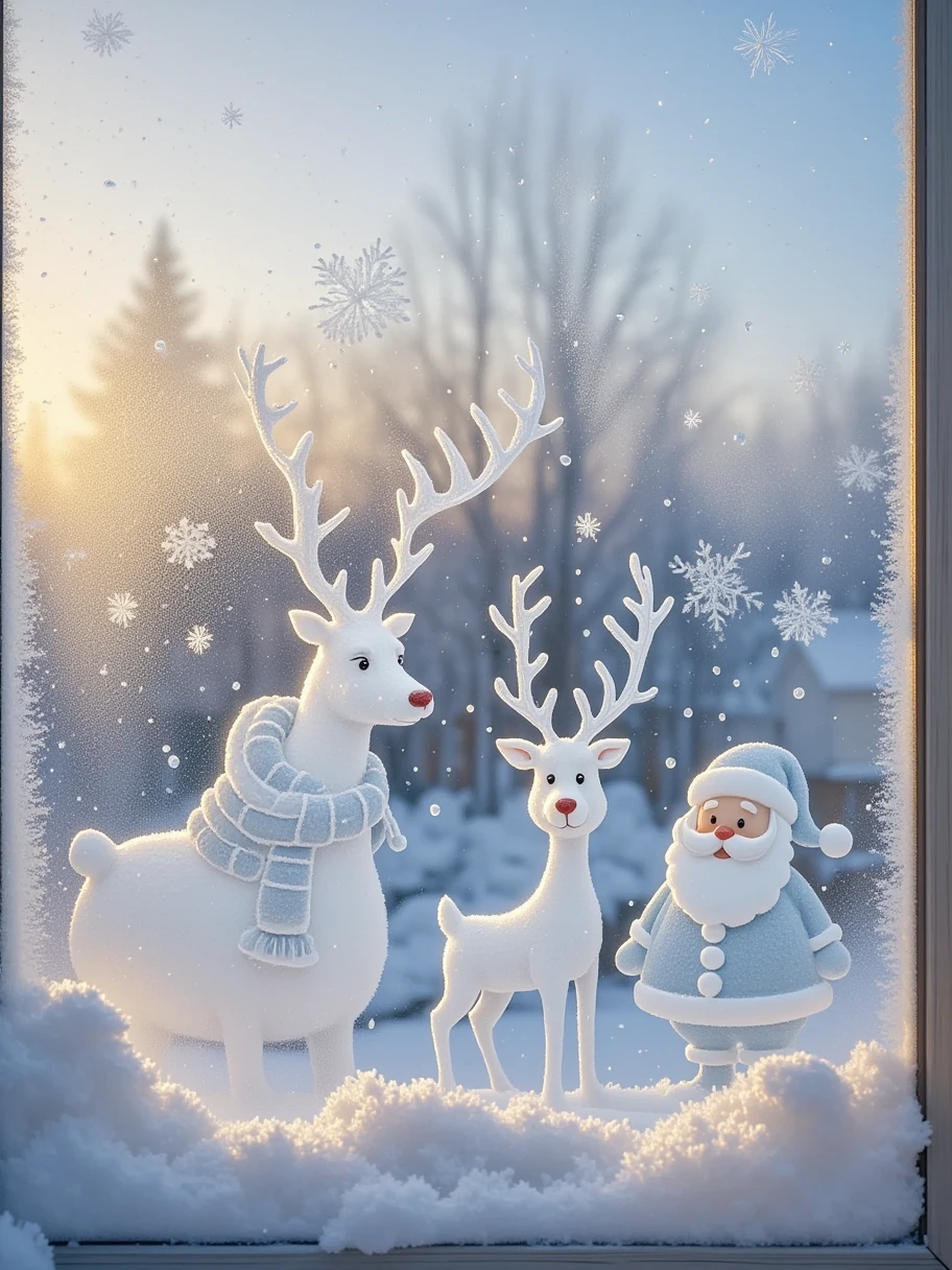 A glass window of a Christmas house, painted with ice and snow on the glass window, white grainy texture, white ice and snow bear, Christmas deer, Santa Claus, white mist on the glass, smeared with fingers to create the picture, sense of story, pure white ice and snow particles in the picture, pure white screen