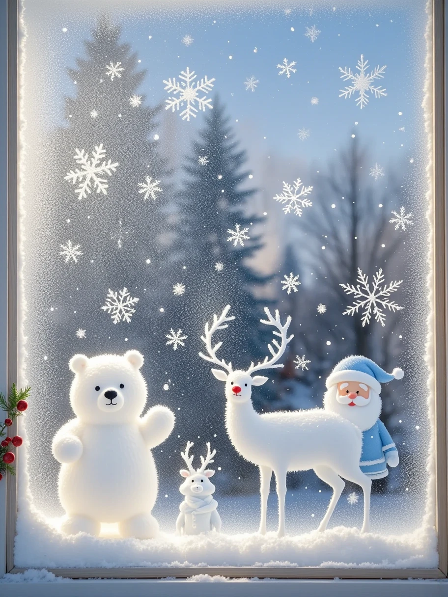 A glass window of a Christmas house, painted with ice and snow on the glass window, white grainy texture, white ice and snow bear, Christmas deer, Santa Claus, white mist on the glass, smeared with fingers to create the picture, sense of story, pure white ice and snow particles in the picture, pure white screen