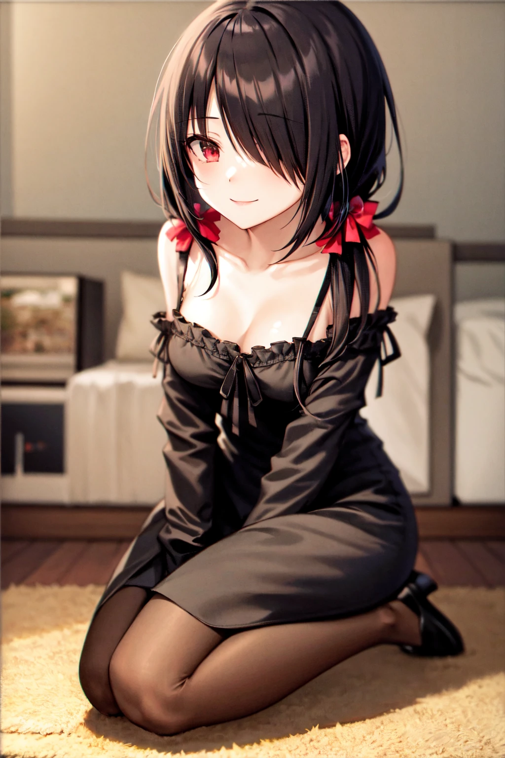 (masterpiece:1.4), high quality, high definition, detailed face, anime, best quality, 4k, 8k, absurd resolution, intricate detail, detailed hands, detailed eyes, animation, illustration, highly detailed, highres, extremely detailed, perfect eyes, perfect face, animification, pureerosface_v1, bare shoulders, (black choker:1.4), bow, bracelet, (devil horns:1.5), my little devil dress, detached collar, elbow gloves, garter straps, hair between eyes, hairclip, looking at viewer, polka dot bow, short twintails, sidelocks, small breasts, striped gloves, tiara, vertical-striped gloves, yazawa nico, hearts, heart spoken, nico yazawa, black hair, (red eyes:1.5), 1girl, (high heels), (sitting), (crossed legs), (dangle), yazawa_nico_lovelive, smile