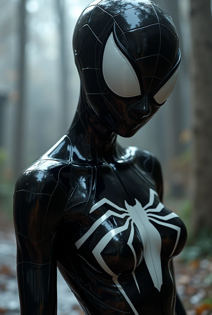 Gwen is wearing a black suit with a white spider in the center of her chest., Organic looking clothes, Sticky forehead, Symbiote, White eyes, Fine art, PS5 Cinematic Screenshots,Highly detailed cinematic rendering, Ultra-Photorealistic Latticing, Cinematic lighting