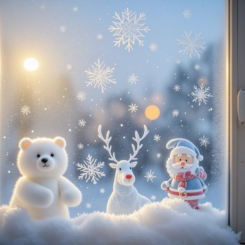 A glass window of a Christmas house, painted with ice and snow on the glass window, white grainy texture, white ice and snow bear, Christmas deer, Santa Claus, white mist on the glass, smeared with fingers to create the picture, sense of story, pure white ice and snow particles in the picture, pure white screen