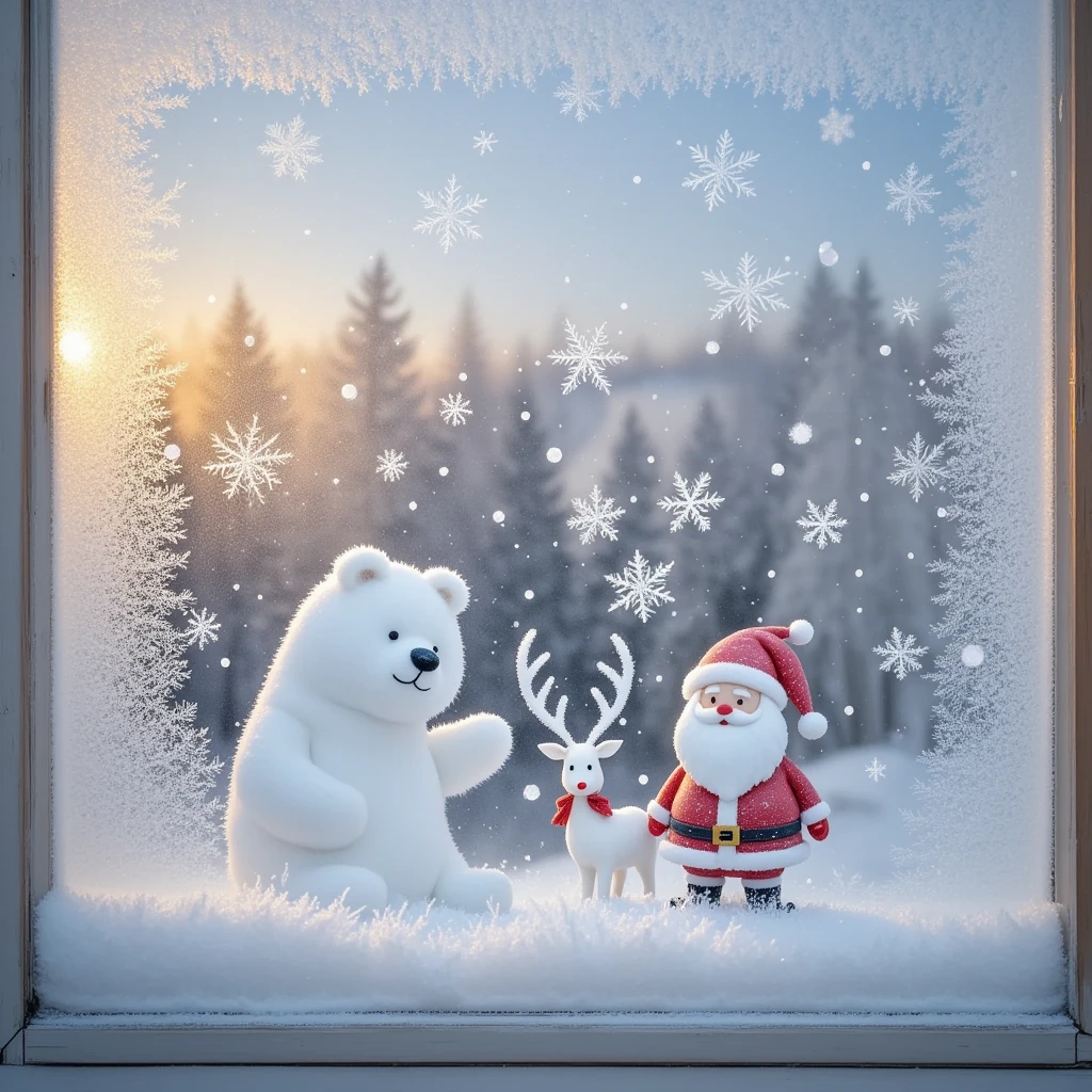 A glass window of a Christmas house, painted with ice and snow on the glass window, white grainy texture, white ice and snow bear, Christmas deer, Santa Claus, white mist on the glass, smeared with fingers to create the picture, sense of story, pure white ice and snow particles in the picture, pure white screen