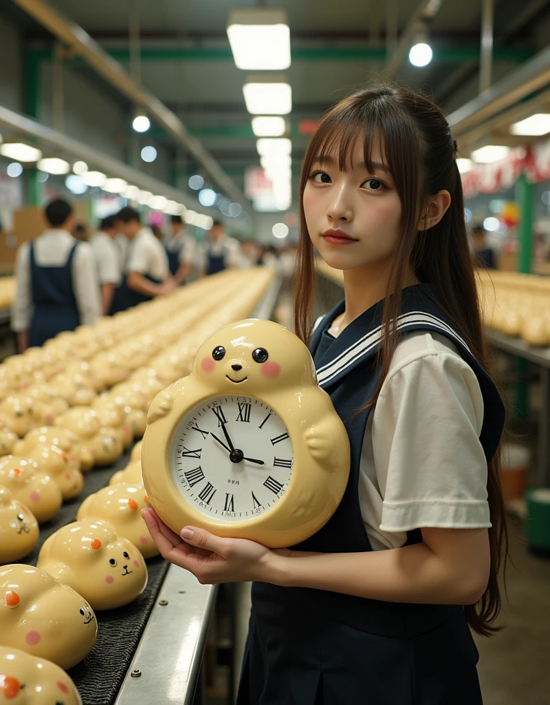 ultra-realistic, photorealistic, dramatic scene, shadow, global-illumination, solo, very beautiful Japanese woman, she is high school student, she works part-time at the factory, very beautiful with very cute but boyish cool face, wearing high school sailor uniform, she is working at the realistic anime-figure factory, She is holding a realistic daikon shaped clock that is being carried on a conveyor belt, Many identical clocks are being carried on a conveyor belt in an orderly fashion, the cute clock that she is holding is 1 daikon\(white porcelain, analog clock, intricated detailing, antique, elegant, daikon radish shaped clock, Meissen, Cibulak, Glossy and smooth surface, large, very cute, smile, chubby, full body\), the factory is gorgeously decorated with bamboo and festive Christmas illuminations, shoot from side