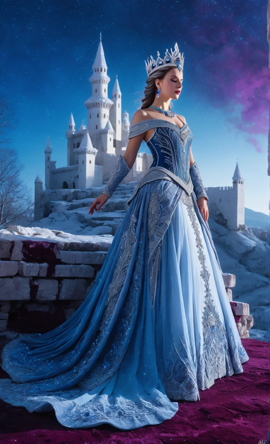  The queen of winter, strict, cold and very beautiful, stands on the RUINS of the white Ancient Castle in a dynamic pose in a luxurious dress embroidered with precious stones on her head, a gem tiara against the background of the burgundy moon
Colours - indigo, blue,  purple , lavender, blue gradient blue
Surrealistic Best angle digital art