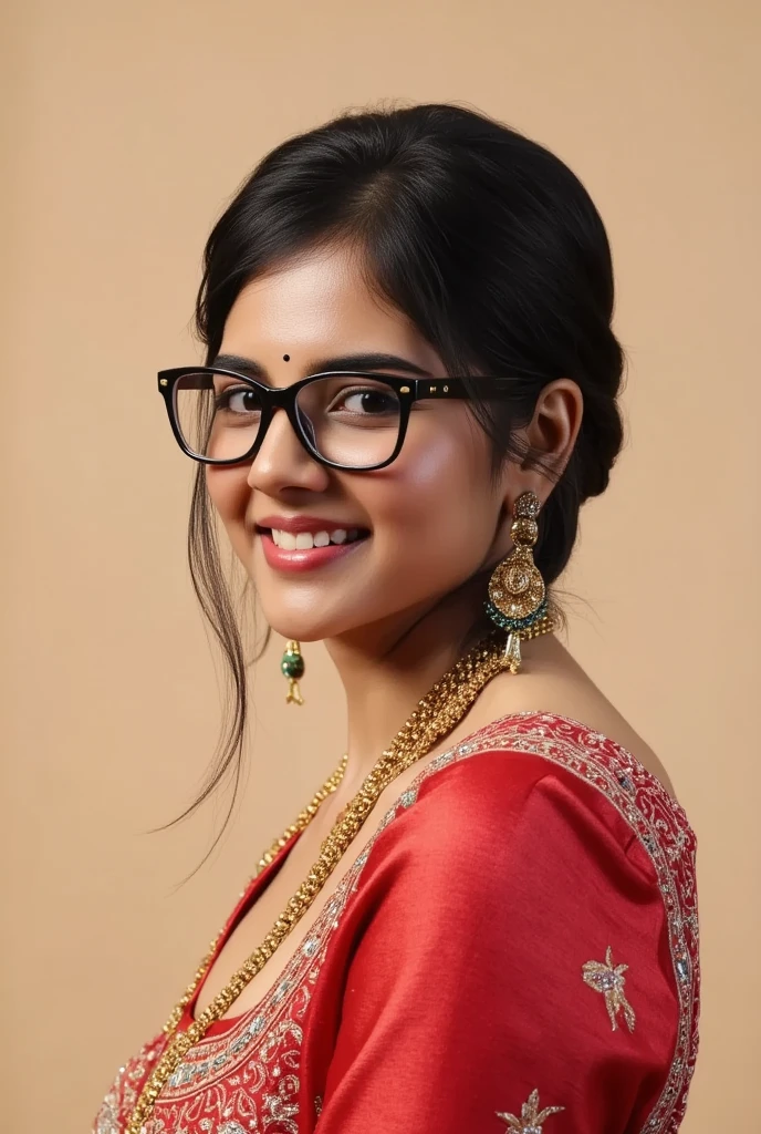 photo of  indian women  wearing glasses,, saree , necklace, sultry, look at viewer with smile, black ponytail,  full body view, nsfw,