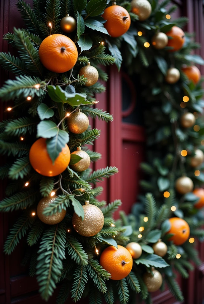 closeup Christmas wreath with lights and oranges and gold chrismass balls on red doors in snowing