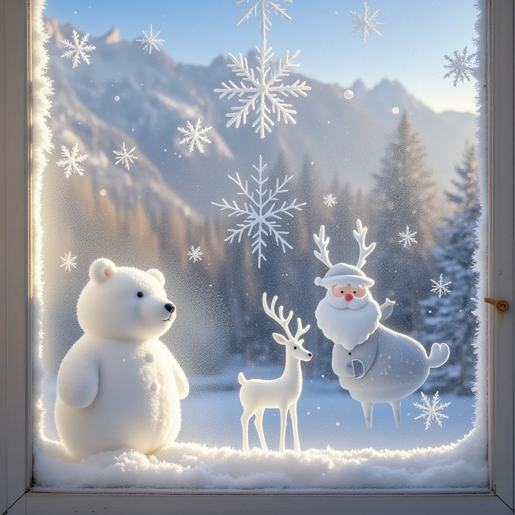 A glass window of a Christmas house, painted with ice and snow on the glass window, white grainy texture, white ice and snow bear, Christmas deer, Santa Claus, white mist on the glass, smeared with fingers to create the picture, sense of story, pure white ice and snow particles in the picture, pure white screen