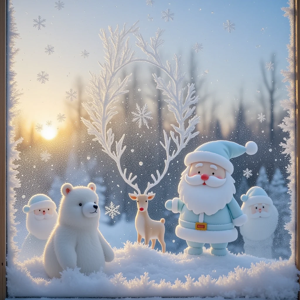 A glass window of a Christmas house, painted with ice and snow on the glass window, white grainy texture, white ice and snow bear, Christmas deer, Santa Claus, white mist on the glass, smeared with fingers to create the picture, sense of story, pure white ice and snow particles in the picture, pure white screen