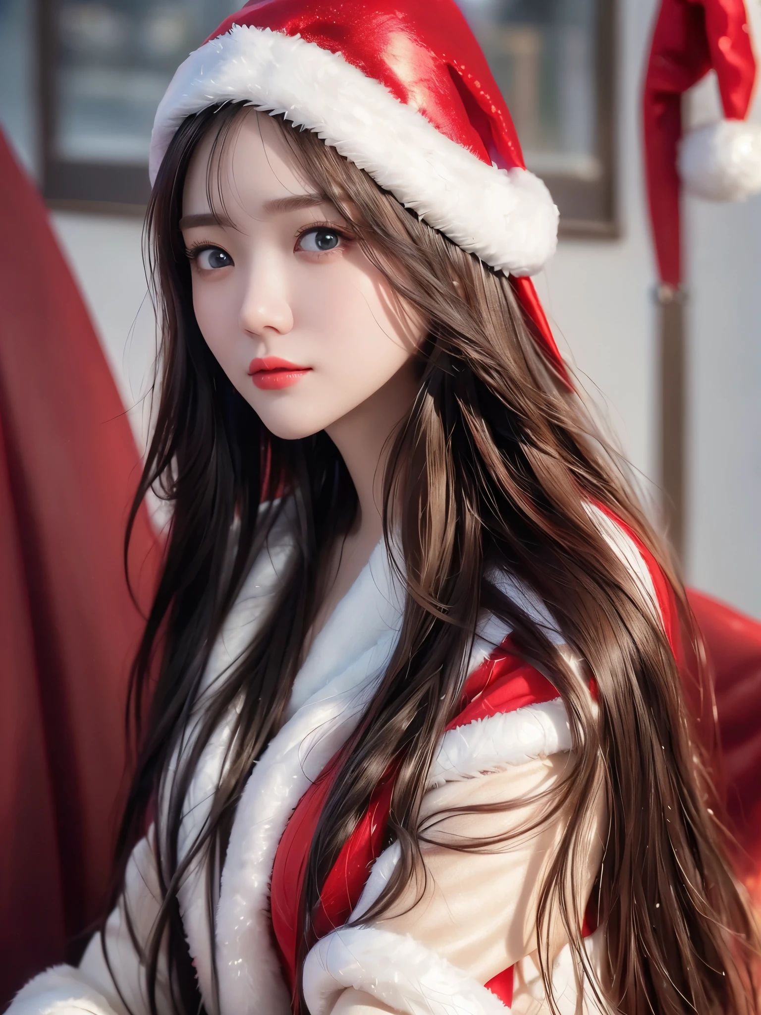 ( face close-up :1.3)、 portrait、 REAL PICTURES、 top quality、 super high resolution 、(Photographically: 1.4)、 beautiful eyes、 very beautiful in a chair 、 shiny jet black hair 、Thin hair、 Merry Christmas 、 christmas tree、(( red Santa Claus costume 、Santa hat、Forehead))