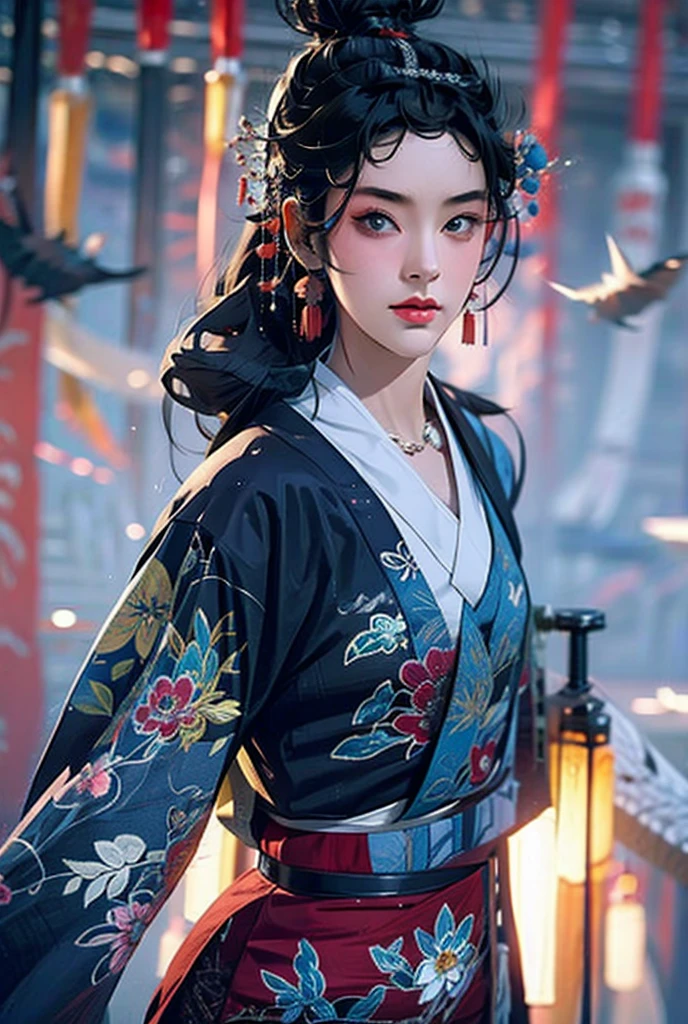 cinematic photo ((masterpiece)),((best quality)),8k,high detailed,ultra-detailed,intricate detail,full body, photography,((huangfu:2),huangfu paper,1girl, A cute girl in black nvjiang costume with huangfu paper in head,(blood-red eyes)),surrounded by swirling leaves and spectral mist,(foggy),. 35mm photograph, film, bokeh, professional, 4k, highly detailed