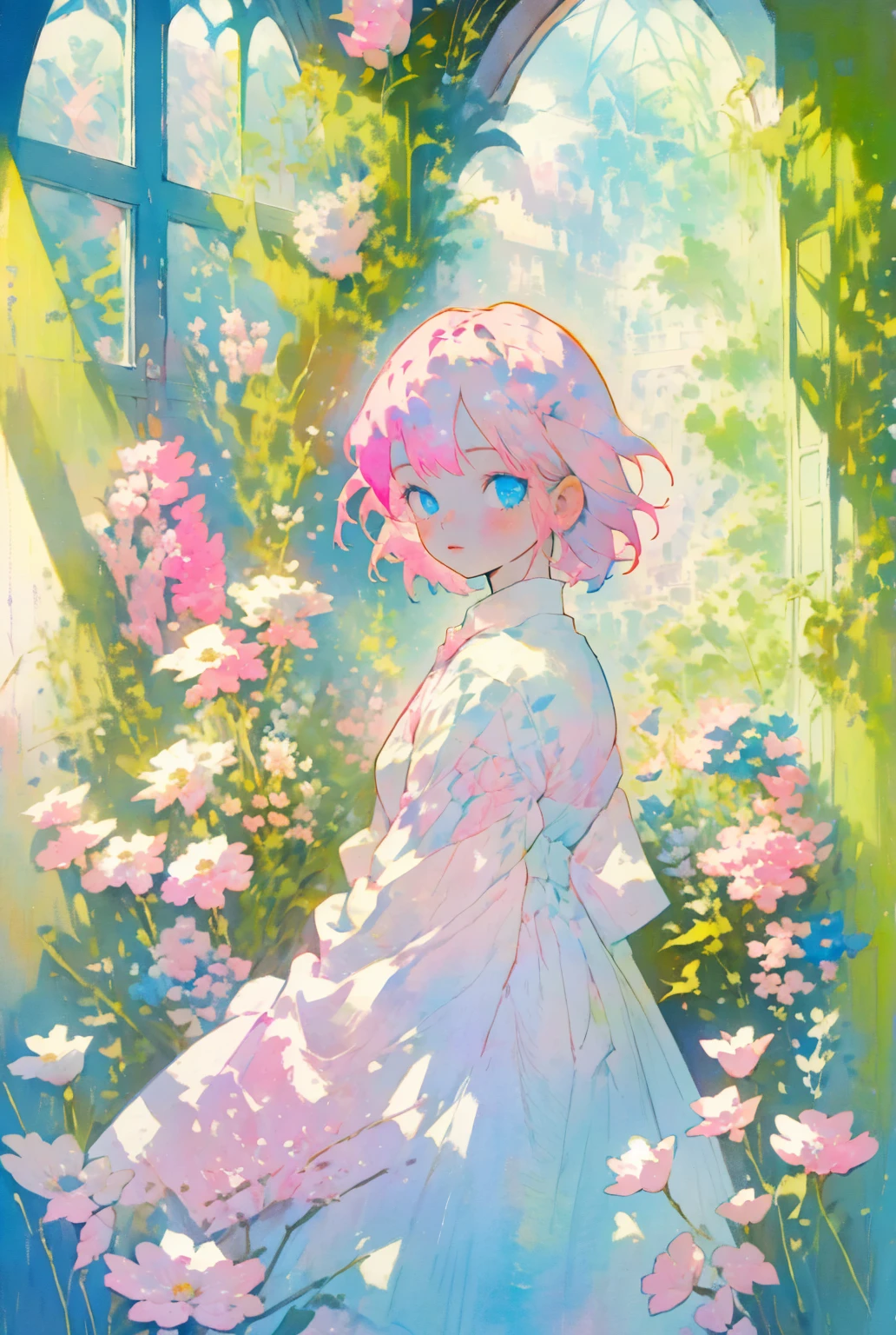 1girl,solo,(((pink short hair,blue eyes))),in the painting sits quietly by the window,Looking out at the scenery through the window,The vase next to her is filled with flowers,Add a touch of color to the whole picture,Looking at the scenery outside the window,flowers in a vase,