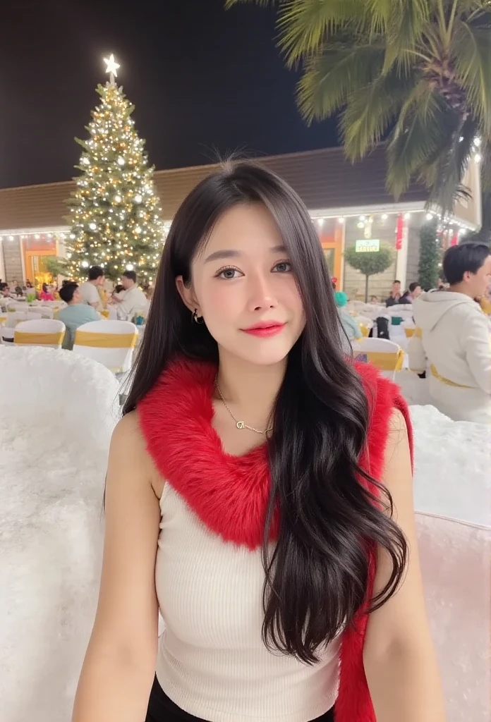 Best Quality, masterpiece, highs resolution, 1girl in, Christmas beauty full body high resolution image, Super high resolution images of beautiful faces, Dressed in Santa Claus costume, hair in crown braids, Hair Ornament, brown hair, fully body photo, Jewelry, Beautiful face, Tyndall effect, Photorealistic, Detailed image of horizontal Christmas tree, full-bodied image,(High detailed skin:1.2),Smiling and looking at the camera, full body digital single lens reflex camera, in the soft and bright sunlight, High quality, Volumetric lighting, Candid, photograph, High resolution 8K,