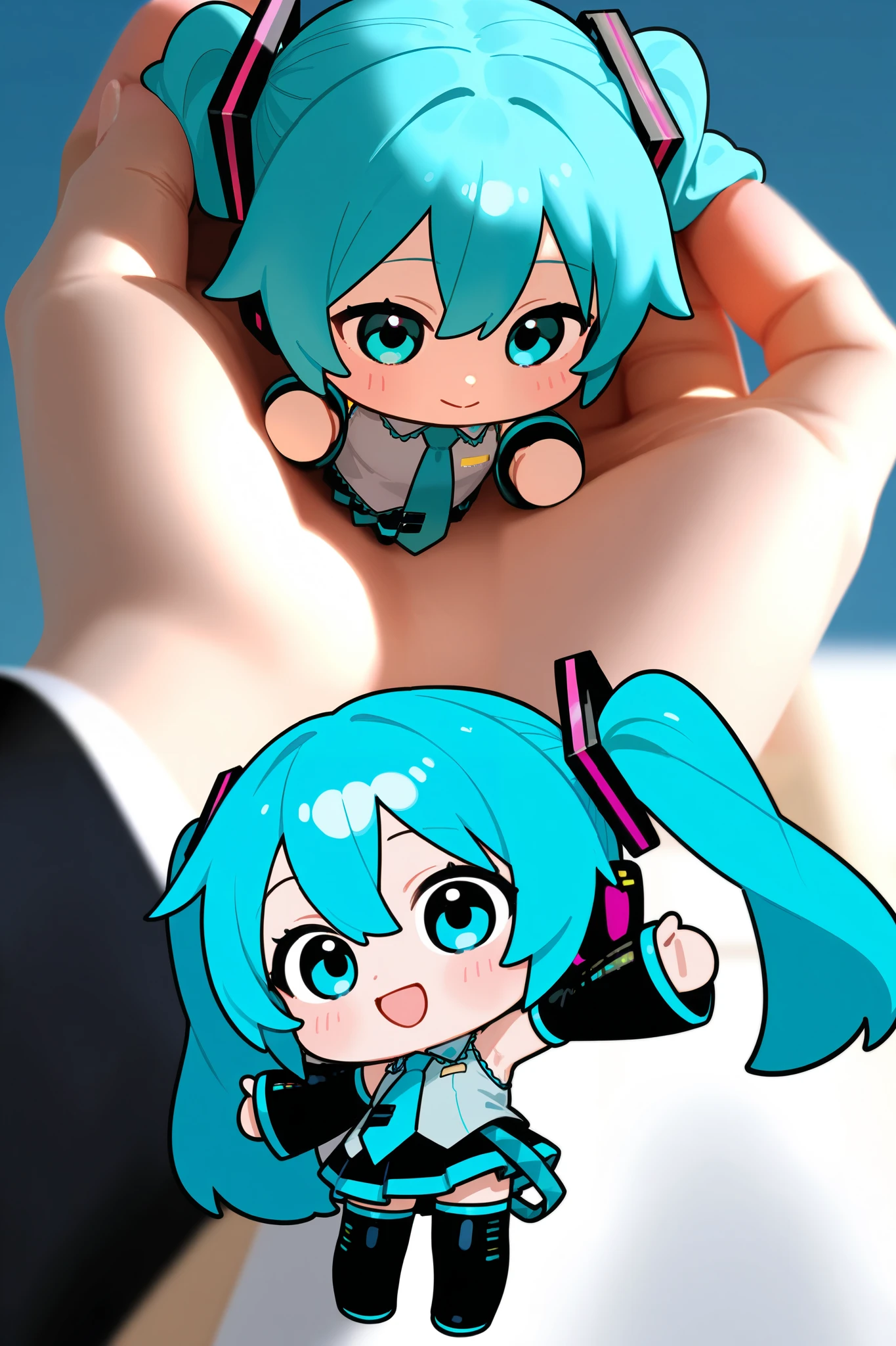 photorealistic 、Chibi Miku (Thumb up your right hand while doing a comical pose、Close your left eye)