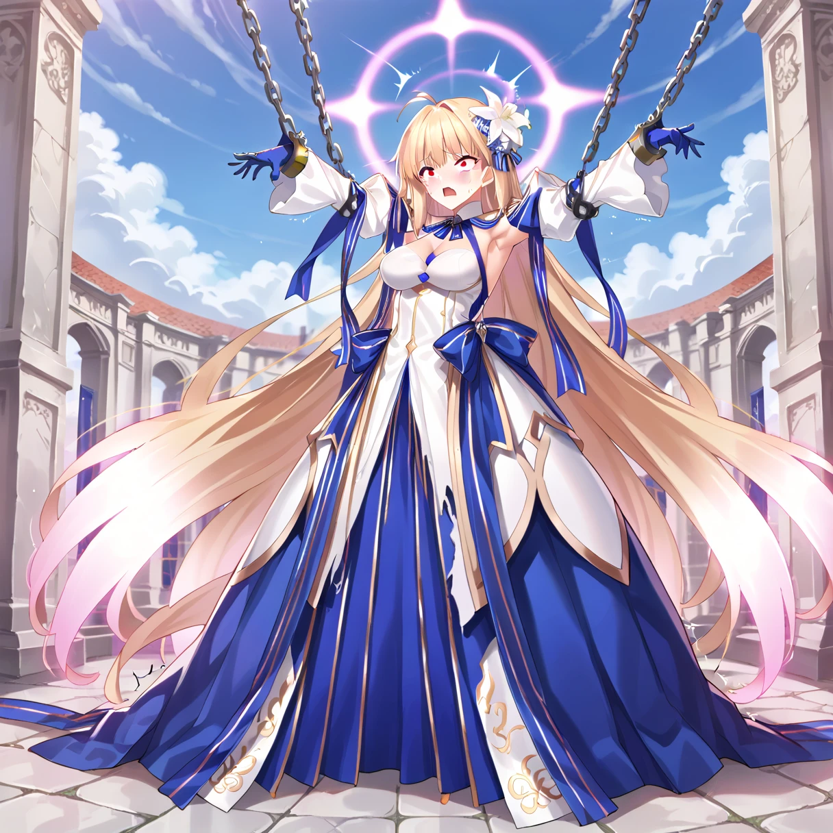  1 girl , Alone, (arc_3:1.1), slit pupils, chest, Blonde,  long hair,  dress,  skirt, white  dress,  red eyes, Separate sleeves, hair accessories,  clevis on a stone, bangs, very  long hair, long  skirt,  Colored Clothes, Bare shoulders, blue  skirt, multicolored  skirt,  gloves,   detached color , White Haired Flower , ribbon, (Partially Glowing Hair :1.1),   knight ,   knight  sky,  chained,  restrained , arms up, halo,
score_9, score_8_up, score_7_up, masterpiece, , Get an orgasm:1.3, be coming, body blush, nose blush:1.2, , embarrassed, flustered, orgasm face, sexual climax, bitch, whore, trembling, feeling weak, fucked silly, slut, tears, cleavage juicy pussy , breast lift:1.8, torn clothes:1.8, show off nipple, show off panties,  The altar is surrounded by naked elementary school boys, their penises are erect, and their penises are facing the altar, full body shot, entire body, 