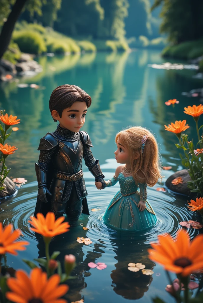  Cartoon Style , Pixar, The Epic Knight ,  Chibik in Black Armor with a sword Holds the Princess's hand against the background of the Lake with Beautiful Flowers,  A Glade filled with Greenish-Blue ,  masterpiece fails, 8 k,  complex , bright colors,  masterpiece fails,  maximum quality ,