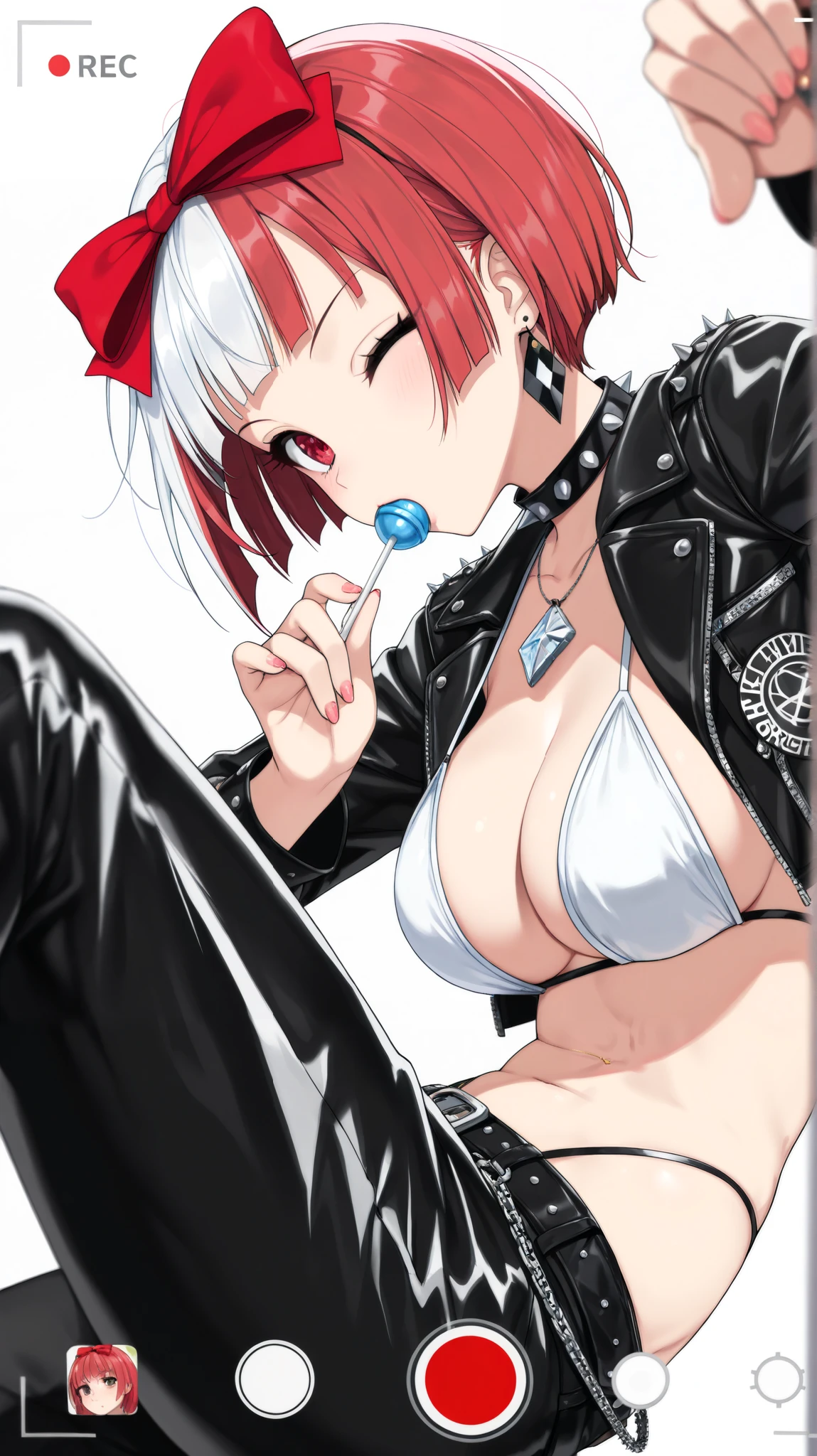 An attractive sexy delinquents girl short white albino hair Mencho her head her blue eyes sucking sweet lollipops she wears short metallic delinquents black leather jacket underneath a heavy purple bra showing navel and a panties with blue lines of fabric that covers from her knees down