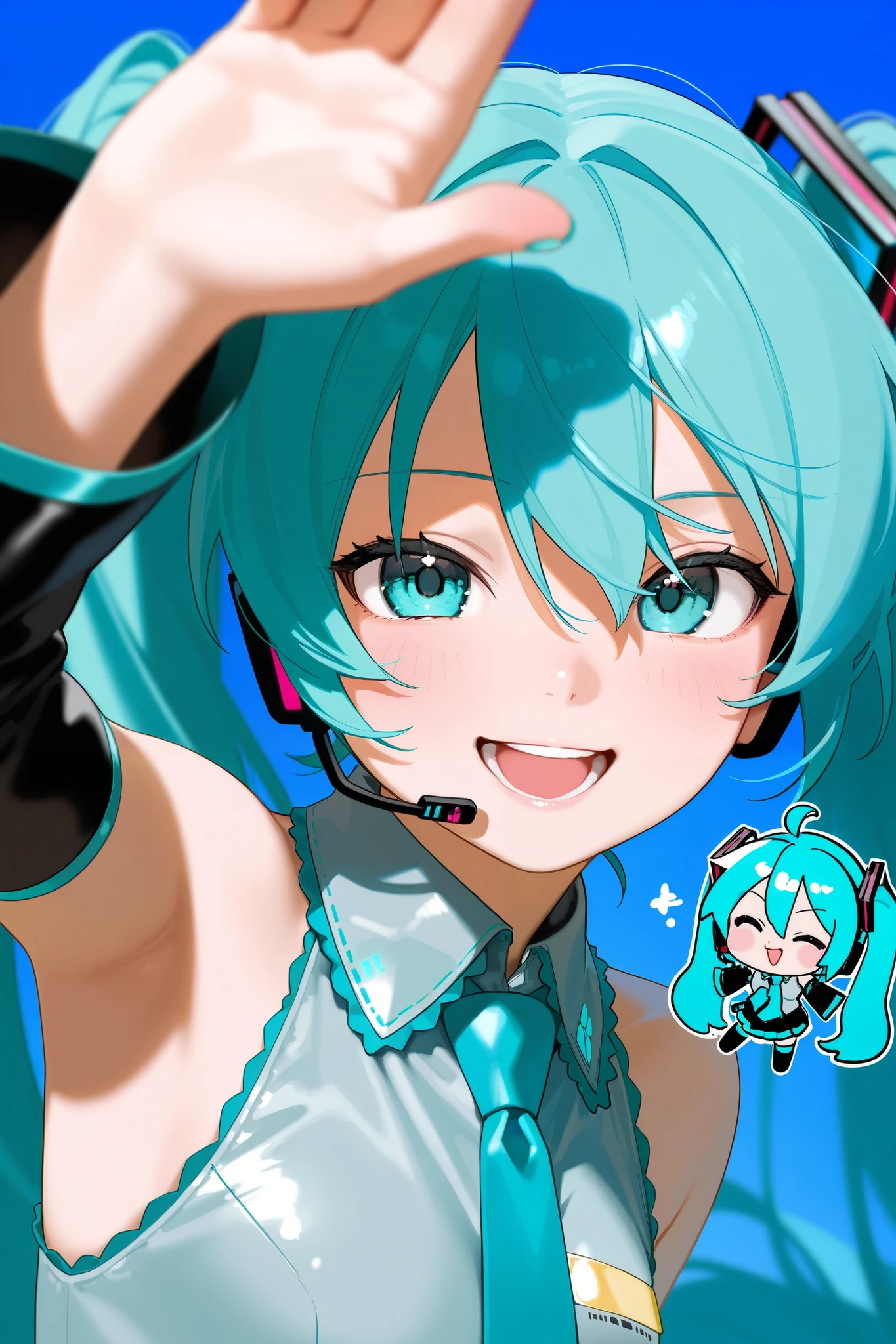  photorealistic 、Chibi Miku （Thumb up your right hand while doing a comical pose、Close your left eye）