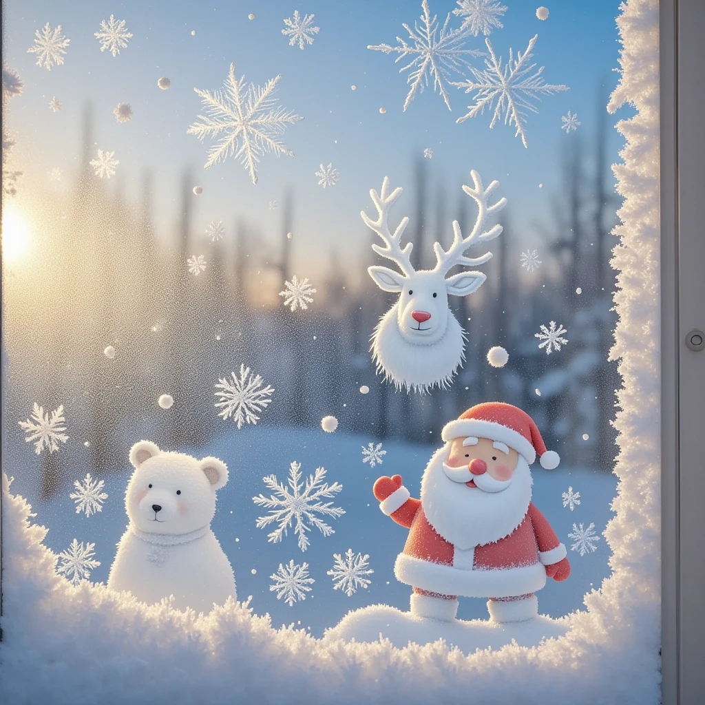 A glass window of a Christmas house, painted with ice and snow on the glass window, white grainy texture, white ice and snow bear, Christmas deer, Santa Claus, white mist on the glass, smeared with fingers to create the picture, sense of story, pure white ice and snow particles in the picture, pure white screen