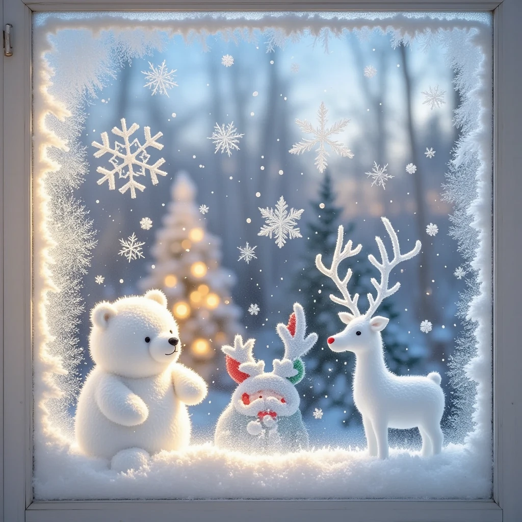 A glass window of a Christmas house, painted with ice and snow on the glass window, white grainy texture, white ice and snow bear, Christmas deer, Santa Claus, white mist on the glass, smeared with fingers to create the picture, sense of story, pure white ice and snow particles in the picture, pure white screen