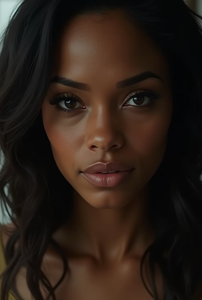 Hyperrealistic close-up photo of Zoe Saldana, masterpiece, Best quality, (photorealistic:1.4), whole body, cum on face, naked tits, black long loose curls, posing professionally and seductively for a photoshoot on a black background, Neon, cinematic light, beautiful woman, correspond, Big breasts, ideal body and shape, Crushed press, detailed face, cute face, looking straight into the camera, photo taken from afar