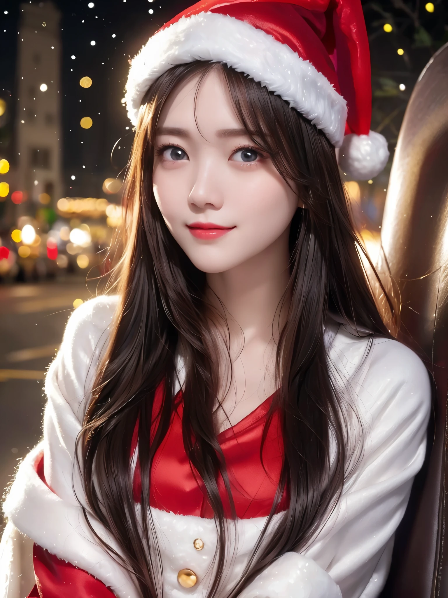  portrait、 REAL PICTURES、 top quality、 super high resolution 、(Photographically: 1.4)、 beautiful eyes、 very beautiful in a chair 、 shiny jet black hair 、Thin hair、 Merry Christmas 、 christmas tree、smile、(( red Santa Claus costume 、Santa hat、Forehead))