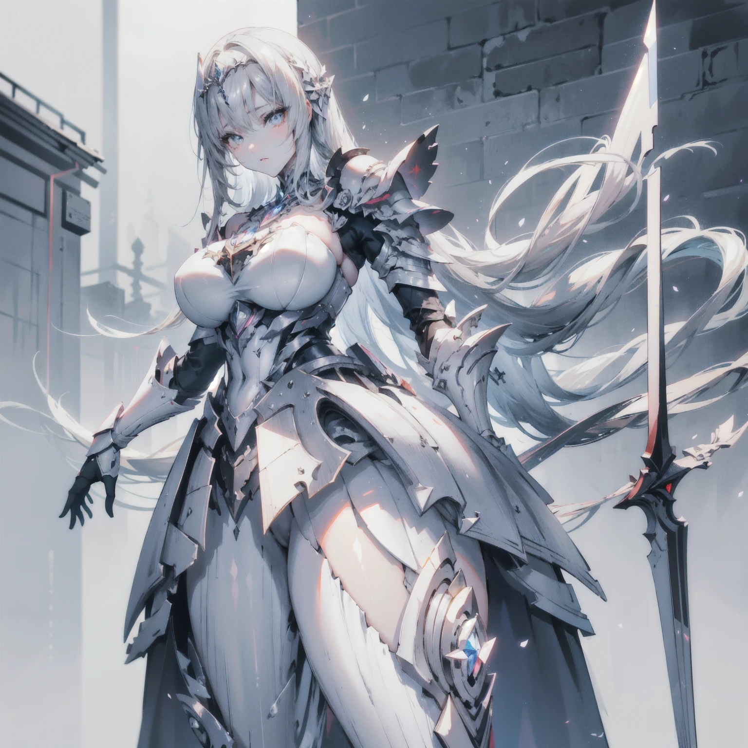  cute adult girl standing ,Girls Focus, [  Full Body Armor  ], ((  pure gray background  )),  Poker Face,  straight , ( 1 girl standing on :1.3),  bangs,A necklace , faces forward,  （ snow-white armor ),  Super detailed , crystal silver eyes,slim, Exquisite craftsmanship,  long hair, Animation,  unique , Silky white hair ,  high quality , masterpiece,Super Fine,[ wide crotch ] ,  pretty girl , [ facial details ], Hand details,  super detailed eyes , no facial expression ,  beautiful eyes