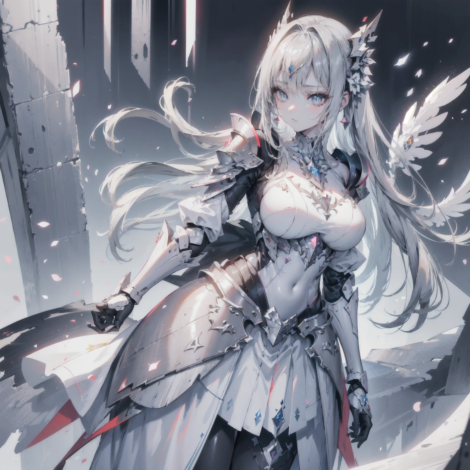  cute adult girl standing ,Girls Focus, [  Full Body Armor  ], ((  pure gray background  )),  Poker Face,  straight , ( 1 girl standing on :1.3),  bangs,A necklace , faces forward,  （ snow-white armor ),  Super detailed , crystal silver eyes,slim, Exquisite craftsmanship,  long hair, Animation,  unique , Silky white hair ,  high quality , masterpiece,Super Fine,[ wide crotch ] ,  pretty girl , [ facial details ], Hand details,  super detailed eyes , no facial expression ,  beautiful eyes