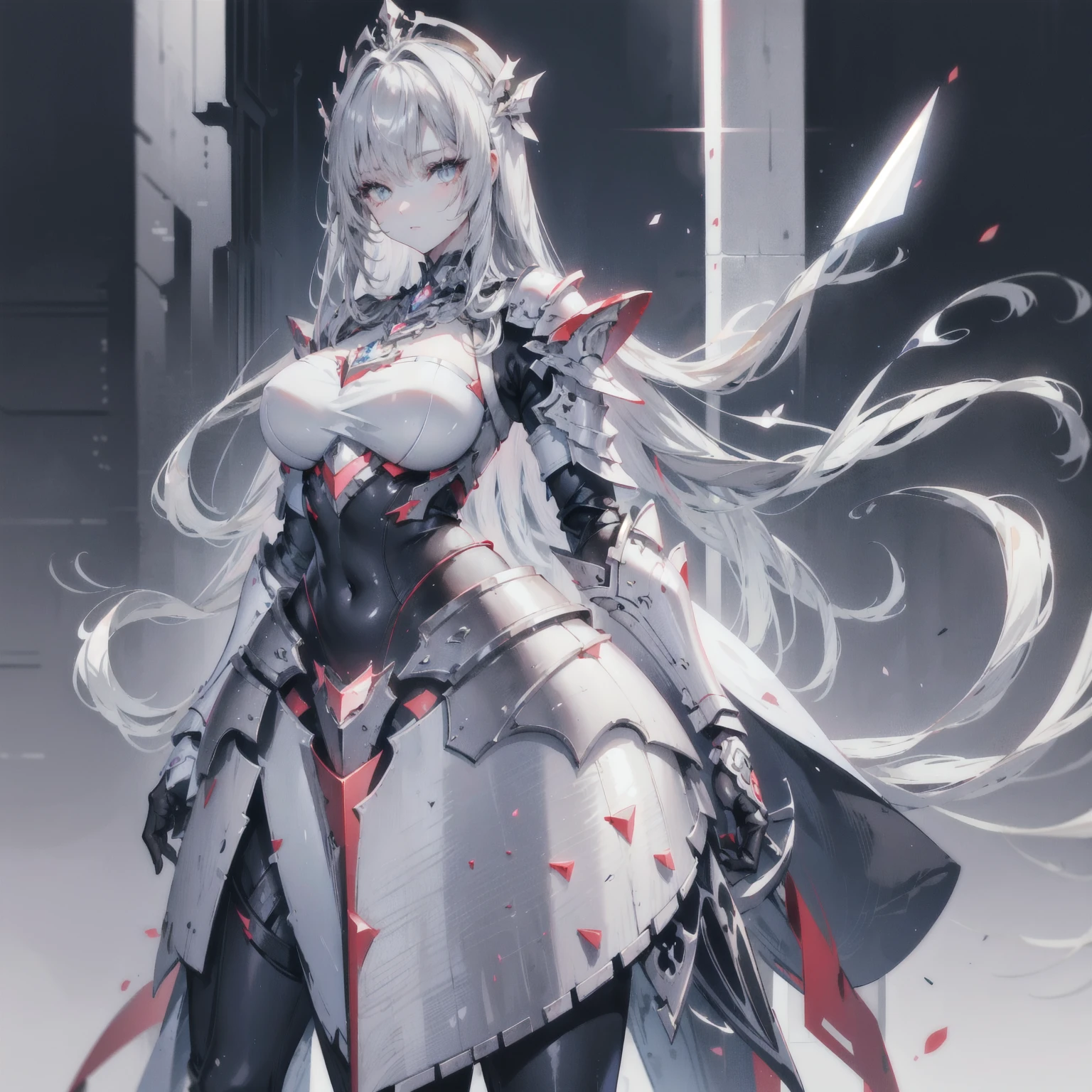  cute adult girl standing ,Girls Focus, [  Full Body Armor  ], ((  pure gray background  )),  Poker Face,  straight , ( 1 girl standing on :1.3),  bangs,A necklace , faces forward,  （ snow-white armor ),  Super detailed , crystal silver eyes,slim, Exquisite craftsmanship,  long hair, Animation,  unique , Silky white hair ,  high quality , masterpiece,Super Fine,[ wide crotch ] ,  pretty girl , [ facial details ], Hand details,  super detailed eyes , no facial expression ,  beautiful eyes