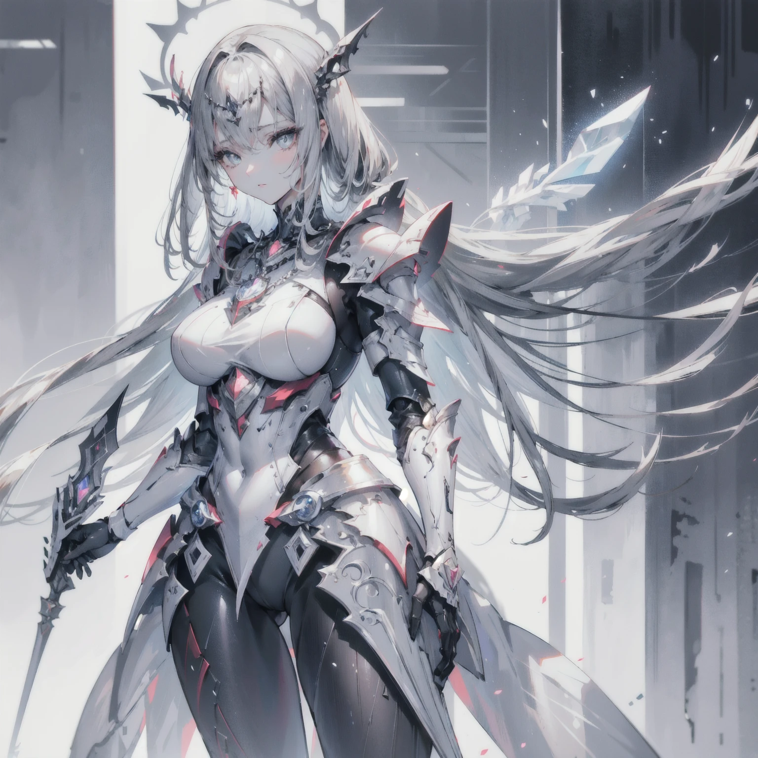  cute adult girl standing ,Girls Focus, [  Full Body Armor  ], ((  pure gray background  )),  Poker Face,  straight , ( 1 girl standing on :1.3),  bangs,A necklace , faces forward,  （ snow-white armor ),  Super detailed , crystal silver eyes,slim, Exquisite craftsmanship,  long hair, Animation,  unique , Silky white hair ,  high quality , masterpiece,Super Fine,[ wide crotch ] ,  pretty girl , [ facial details ], Hand details,  super detailed eyes , no facial expression ,  beautiful eyes