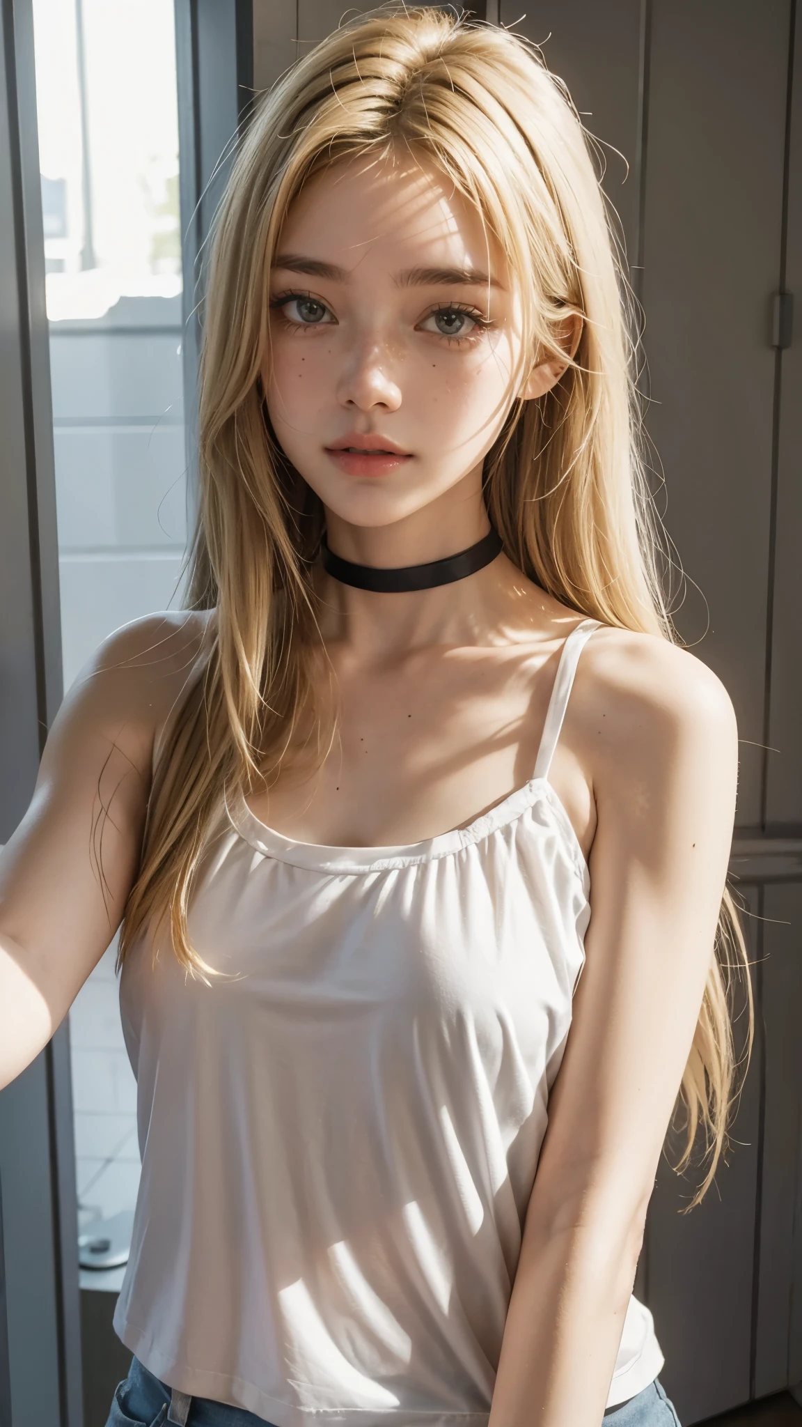 photo of a blonde girl, cute girl, blue eyes, elegant clothes, ((upper body)), sleeveless, perfect anatomy, (((elegant clothes))), (((((strangling another girl)))))
