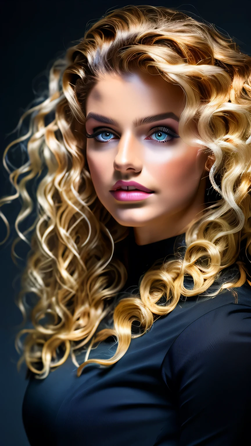 Very attractive 25 year old with long very curly platinum blonde hair, as Selina Kyle, exudes beauty with her radiant, smooth skin. Her strong, serious demeanor and confident stance convey an air of convincing allure. insanely detailed jazz club as background. This captivating portrait is rendered in 4k high-resolution, ensuring every detail is displayed in the best quality. The illustration showcases Selina's determined expression, captivating the viewer's attention with its intricately detailed features. wearing a black top. very realistic. smiling