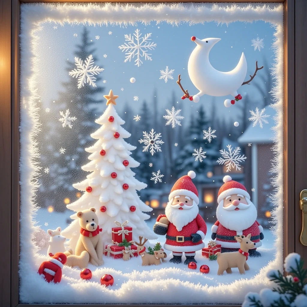  A Christmas house glass window ， paint with ice and snow on the glass window，White grainy ，Fantasy Christmas world，In a cosy room， 1  and 1  wearing Santa costumes enjoying Christmas dinner。The room is decorated with a tall Christmas tree，The tree is filled with shining lights and colorful decorations。Next to it is a pile of gift boxes，Exquisite packaging reveals expectations and surprises。Fireplace burning with warm flames，Various Christmas decorations are placed around，A funny portrait of Santa Claus hanging on the wall。 Tantalizing Christmas food on the table ，like gingerbread cookies，Candy canes ，Candy, etc。Kitten at feet lies on Christmas rug，Wear a red scarf， white fog on glass ， paint the picture with your finger ，Sense of story， picture pure white ice and snow particles ，Pure white picture