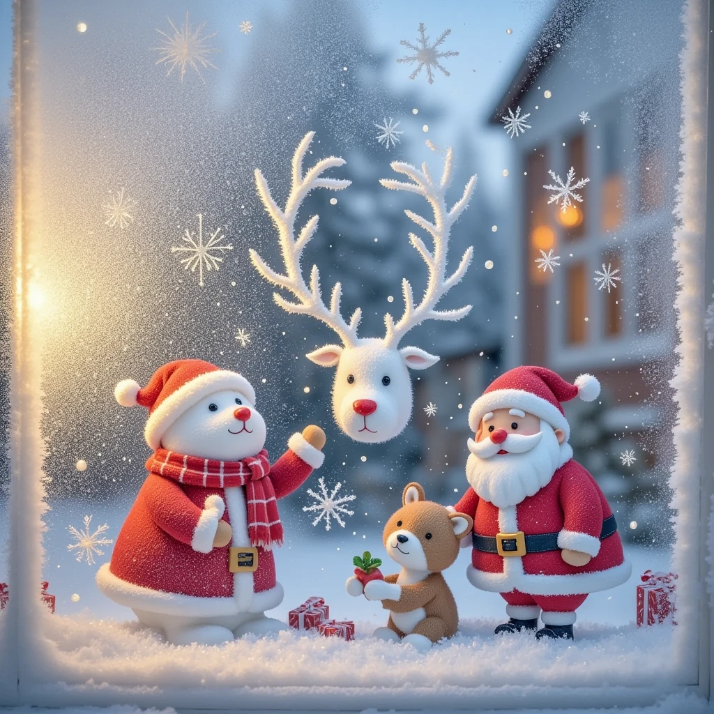  A Christmas house glass window ， paint with ice and snow on the glass window，White grainy ，Fantasy Christmas world，In a cosy room， 1  and 1  wearing Santa costumes enjoying Christmas dinner。The room is decorated with a tall Christmas tree，The tree is filled with shining lights and colorful decorations。Next to it is a pile of gift boxes，Exquisite packaging reveals expectations and surprises。Fireplace burning with warm flames，Various Christmas decorations are placed around，A funny portrait of Santa Claus hanging on the wall。 Tantalizing Christmas food on the table ，like gingerbread cookies，Candy canes ，Candy, etc。Kitten at feet lies on Christmas rug，Wear a red scarf， white fog on glass ， paint the picture with your finger ，Sense of story， picture pure white ice and snow particles ，Pure white picture