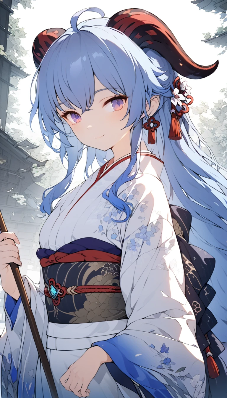 traditional japanese kimono, beautiful detailed woman wearing a traditional japanese kimono with intricate obi, long hair, elegant pose, detailed facial features, delicate makeup, natural lighting, high resolution, ultra-detailed, masterpiece, cinematic lighting, warm color tones, muted colors, soft focus, depth of field, atmospheric, ganyu, blue hair, goat horns, horns, long hair, purple eyes, sidelocks,holding an umbrella , whole body shot, full body ,skin pores, score_9, score_8_up, score_7_up, (sfw), (cowboy shot, dutch angle:1.2), 1girl, solo, mature female, whole body shot ,1girl, solo, mature female, smiling, closed mouth ,1girl, solo, mature female, (negative_v2 Color_Balance_Calibration:0.8), Stable_Yogis_Animetoon_Negatives, negativeXL_D, aidxlv05_neg