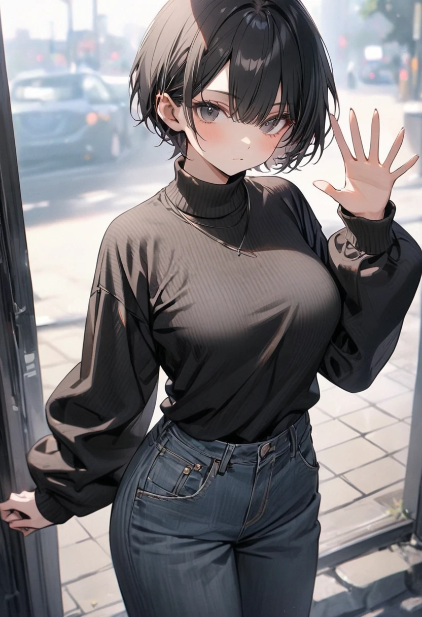 Girl, short hair, brown hair, brown eyes, cute girl, grey sweater, hotpants, hot girls 