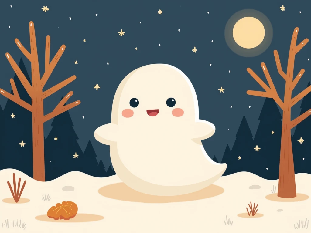 Pattern2,in style of  minimalism and cartoon, a cute chubby ghost ,lofi cozy autumn, winter season, ultrawide , landscape, bobo,tree and snow, nights,stars 