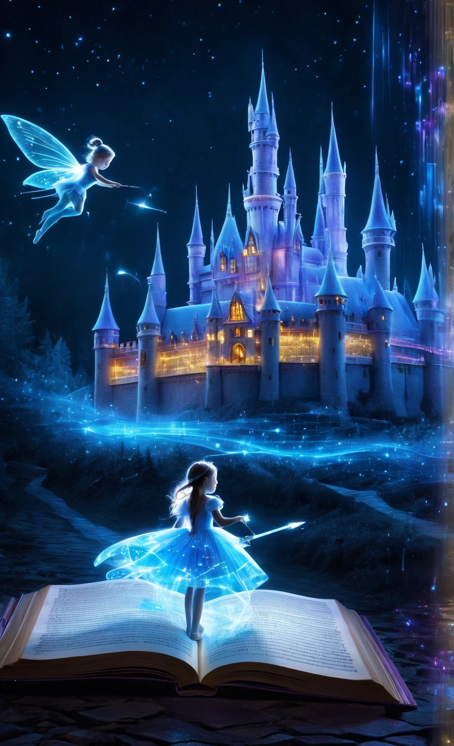  double exposure , the magic pen draws on the ,  manuscript 
The 5D hologram of a fairy tale comes to life and breaks off the page: castle and flying fairy baby on the manuscript page ,3 d effect, fantasy art,magic,clearly, In detail,neon,octane,HDR,1024 K 