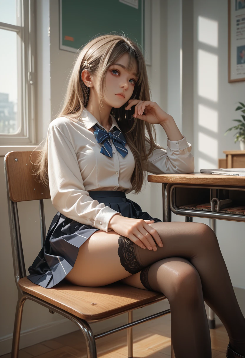 ((masterpiece)), ((Best quality)), (8 K), HD, super detail, (woman) 1 girl, school skirt, medium breast, crossed her legs, in stockings, sitting on a chair