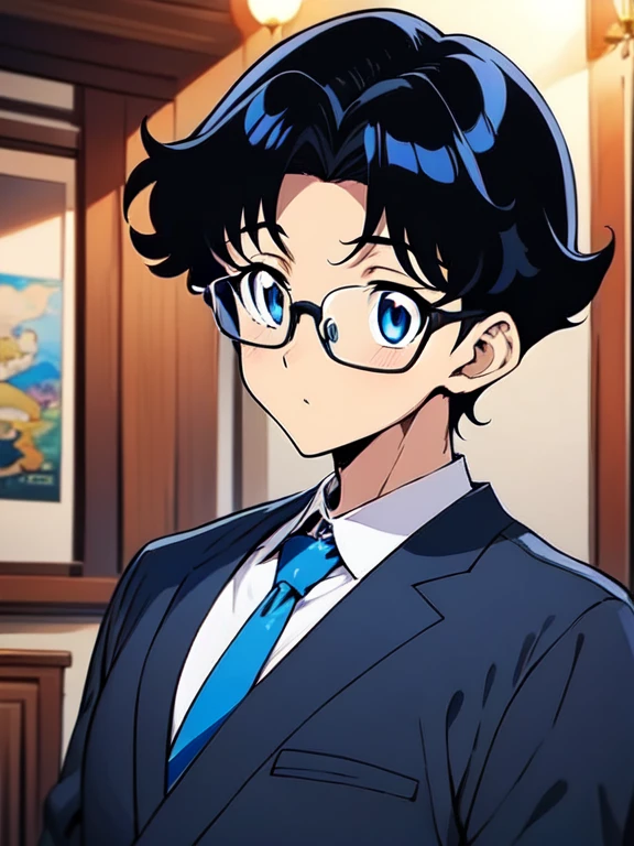 Anime boy with glasses and tie looking at the camera, inspired by Okumura Togyu, anime mo artstyle, 2D anime style, Tall anime guy with blue eyes, inspired by Okumura Masanobu, Anime boy, young anime man, made by anime artist studio, [[[[evilly grinning]]]], wearing glasses