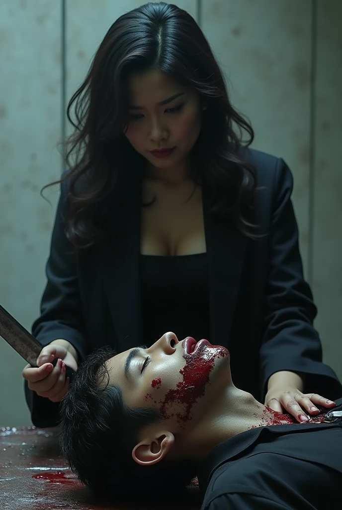 35-year-old man with the body of a 19-year-old girl, (Behind , holding the knife), black gloves, room , dark grey office shirt, holding the knife, black gloves, Woman on top, Behind , blood splash, in bed, mass murderer, killer, long bangs bob haircut 1960s, blood splash, dark atmosphere, cinematic lighting, realistic atmospheric, close up, naked woman
