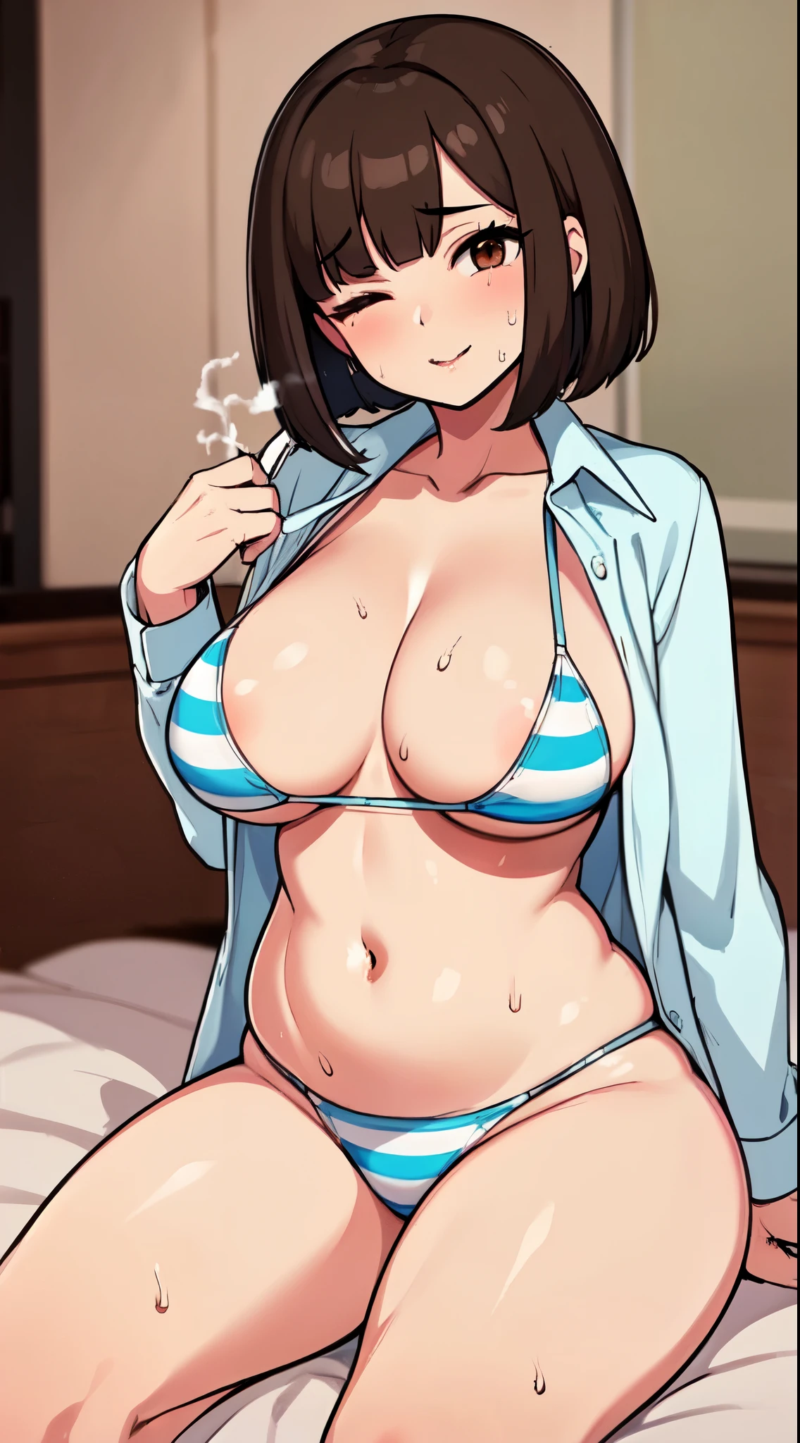 (Pensef  、  perfect body ),   top quality ,(  8K Portrait  ),(  Official Art )、  plump、((  Close Her Eyes 、 sitting  on the bed、hot、vapor、sweat))、(((Big Breasts)))、( Brown Hair、  brown eyes )、( odekodashi:1.6)、(  open shirt :1.4)、( light blue striped bikini)、((  bob cut、  split bangs ))、(bedroom、darkroom、  on the bed)