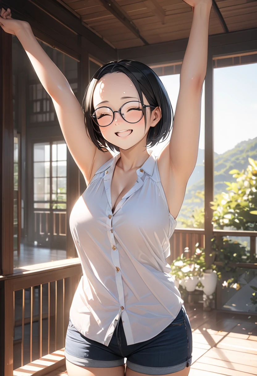 (1girl, solo, alone), (WakatsukiRisa, Sarada Uchiha, black hair, short hair, black eyes, red glasses), ((solo, (1woman, pink lipstick, (small breasts), black eyes), Extremely detailed, ambient soft lighting, 4k, perfect eyes, a perfect face, perfect lighting, a 1girl)), austere, (((fitness, muscular, shapely body, athletic body, toned body, yellow tank top, (yellow mini top, revealing wet tank top, hanging out of braless top, beautiful high detailed dreamgarden, nsfw 8K), women's tank top, wet yellow tank) top, transparent, transparency, mini shorts, jean shorts, navel out, abdomen showing, wet body, wooden house, classic Japanese house, old Japanese house , balcony, garden, flowers, walking in the hallway))