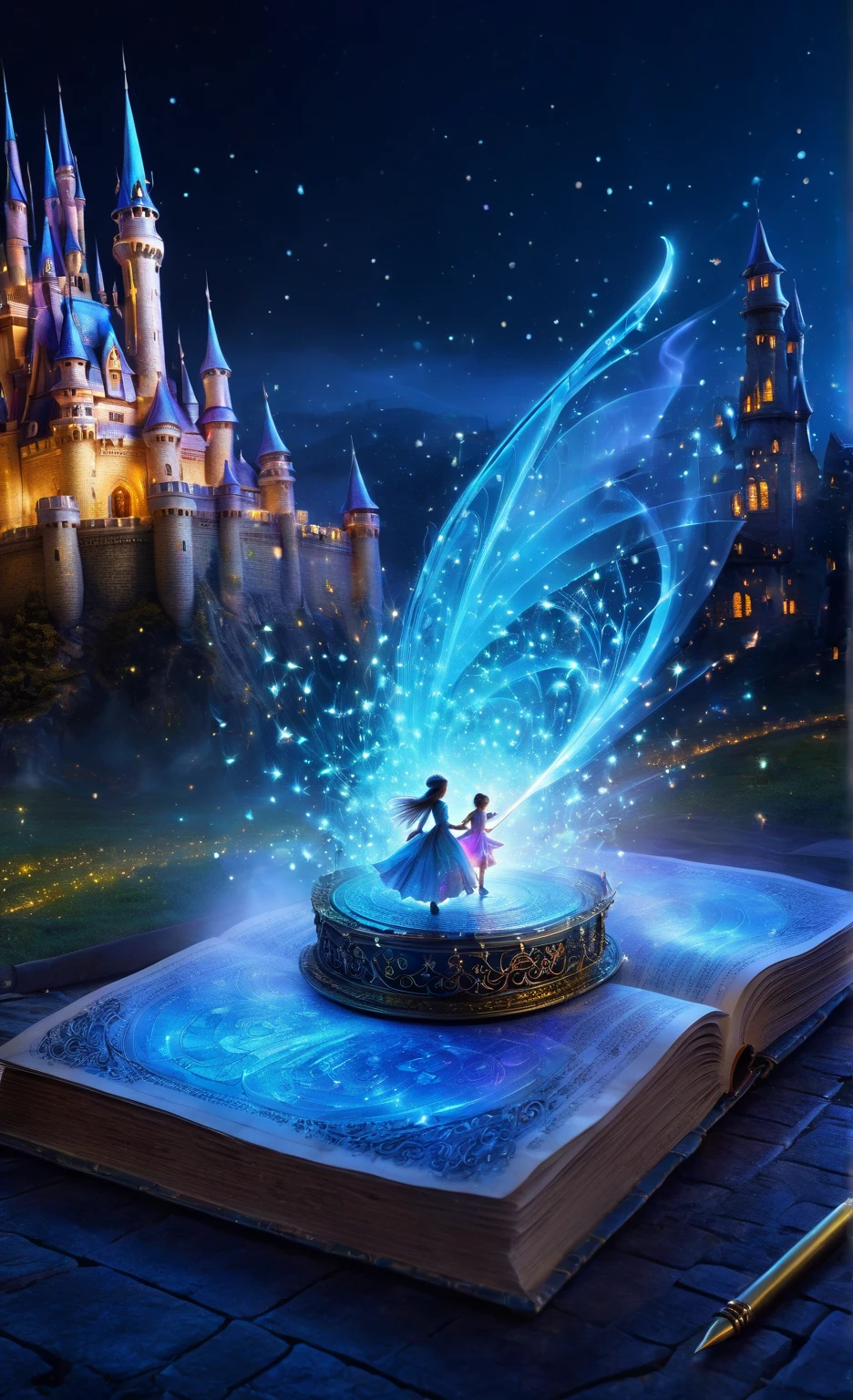  double exposure , the magic pen draws on the ,  manuscript 
The 5D hologram of a fairy tale comes to life and breaks off the page: castle and flying fairy baby on the manuscript page ,3 d effect, fantasy art,magic,clearly, In detail,neon,octane,HDR,1024 K 